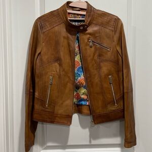 Rare Derimod Expo Kylie Mandala Mosaic Boho Leather Jacket in Camel Size Small